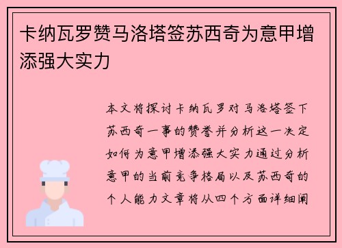 卡纳瓦罗赞马洛塔签苏西奇为意甲增添强大实力 卡纳瓦罗赞马洛塔签苏西奇为意甲增添强大实力